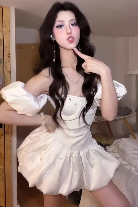 White Homecoming Dresses Off The Shoulder Satin Celebration Dress,LTP3930