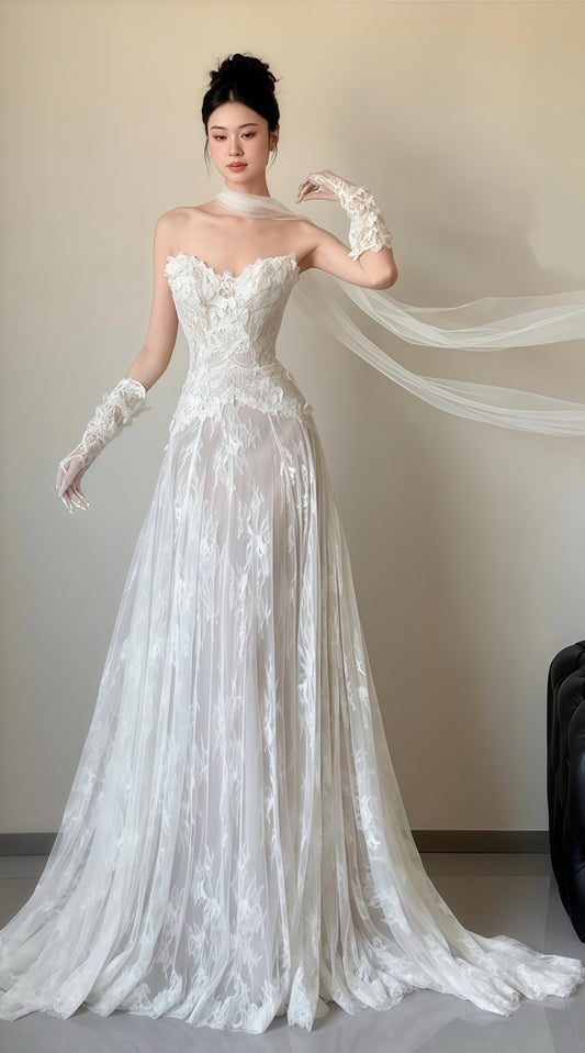 White Lace Strapless Wedding Dress, Vintage Photografhy Dress,LTP3669