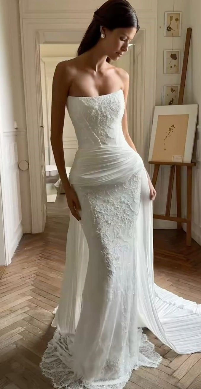 White Mermaid Lace Wedding Dresses Strapless Bridal Dress With Chiffon Train,LTP4355