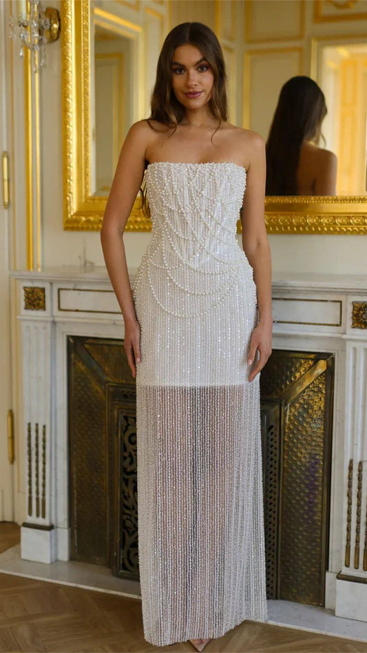 White Pearl Beaded Long Party Dresses Strapless Formal Party Dress,LTP4375