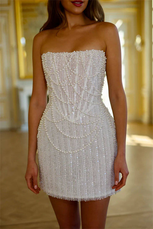 White Pearl Beaded Short Party Dresses Strapless Formal Party Dress,LTP4374