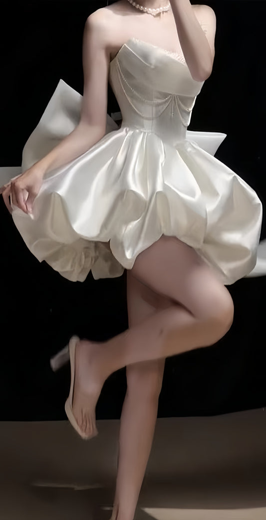 White Homecoming Dresses Pearl Beaded Wedding Dresses A-line Strapless Party Dress With Bowknot,LTP3897