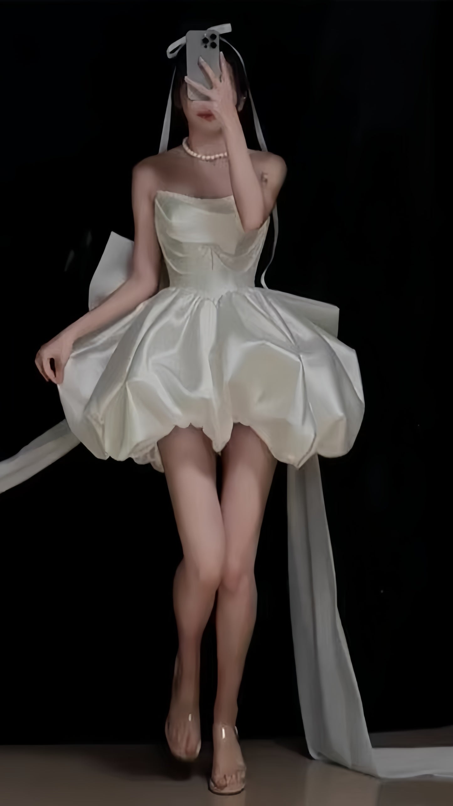 White Homecoming Dresses Pearl Beaded Wedding Dresses A-line Strapless Party Dress With Bowknot,LTP3897