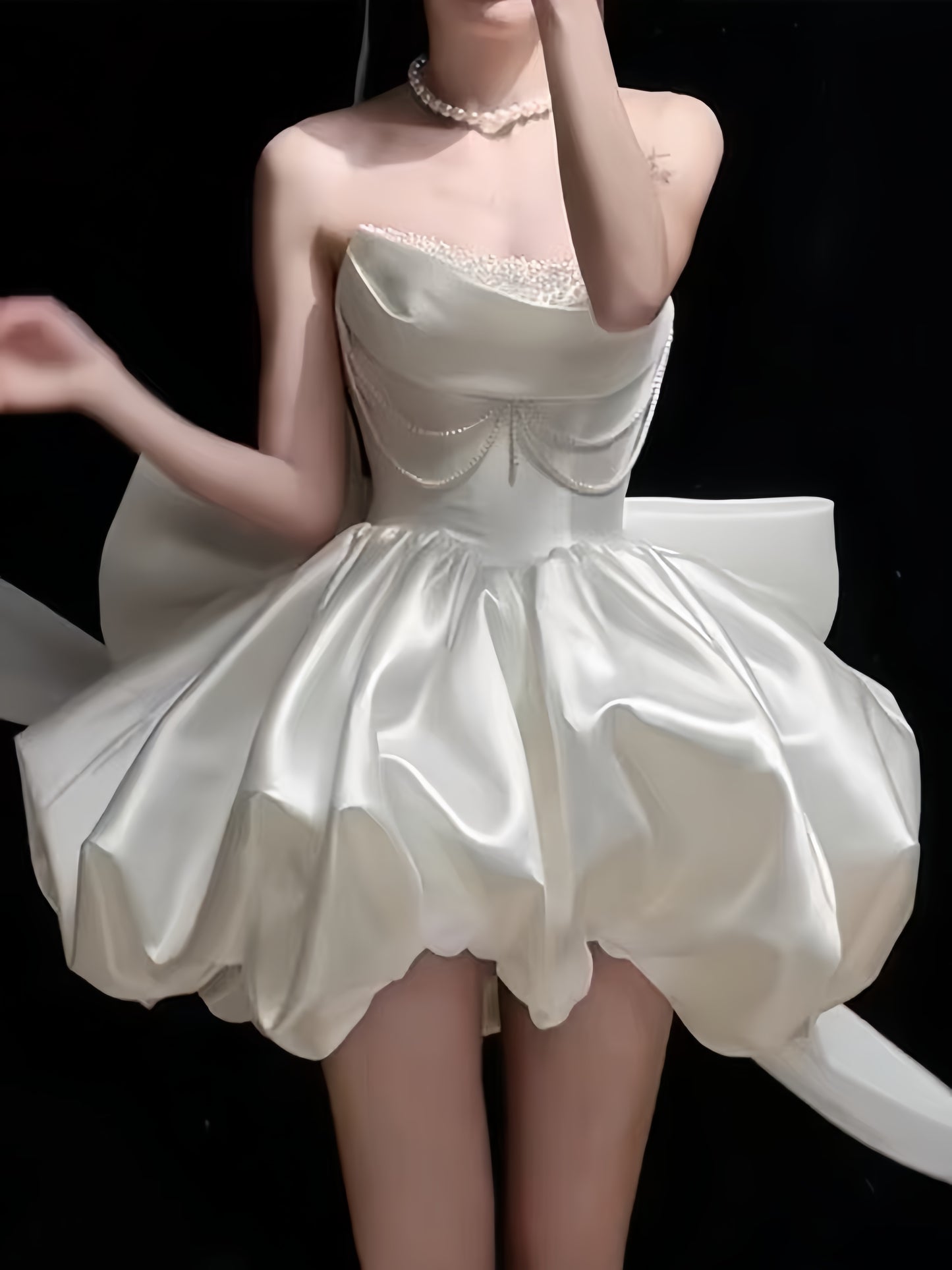 White Homecoming Dresses Pearl Beaded Wedding Dresses A-line Strapless Party Dress With Bowknot,LTP3897