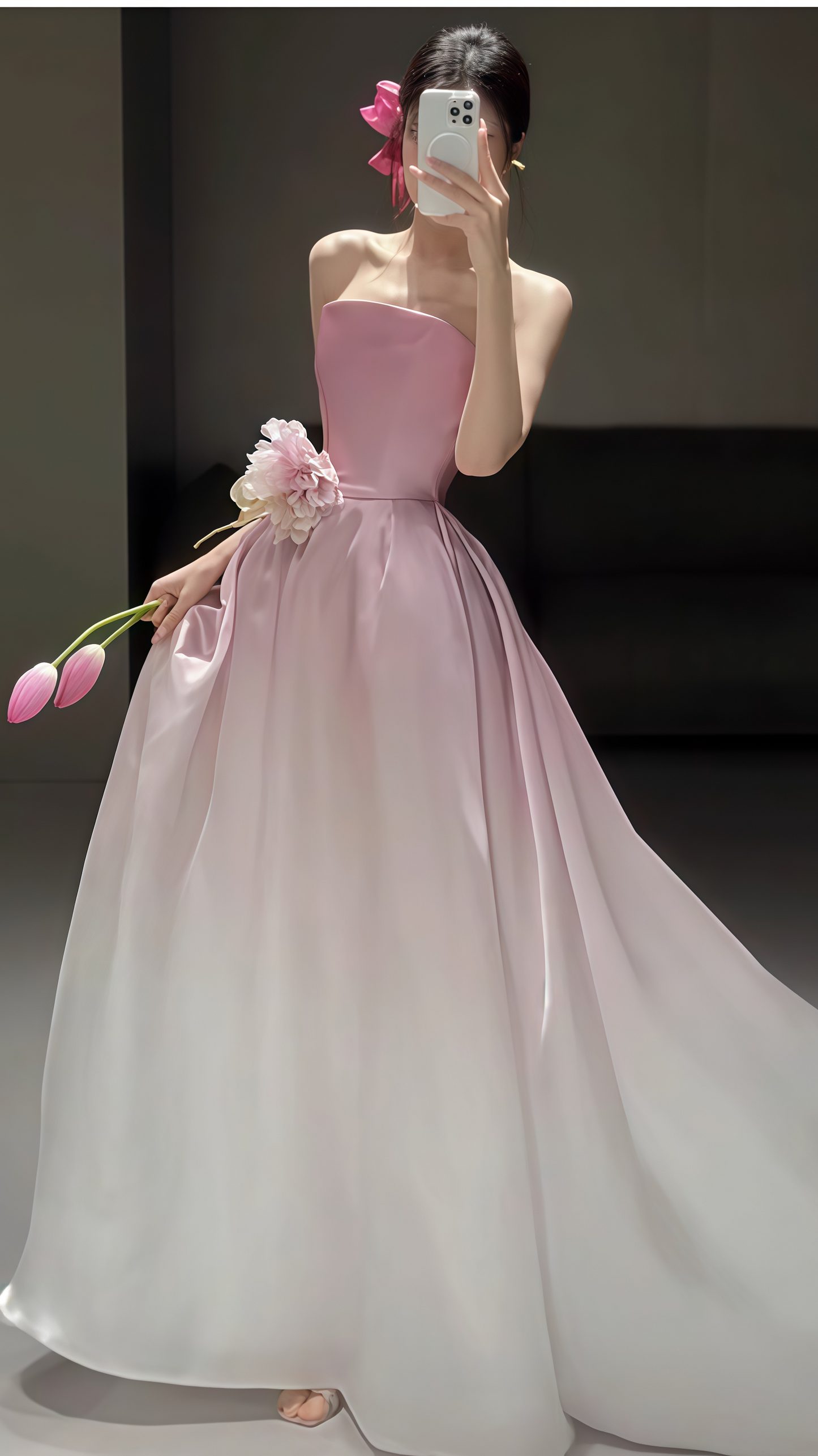 White Pink Strapless Party Dresses, Long Prom Dress With Sweep Train, LTP3562