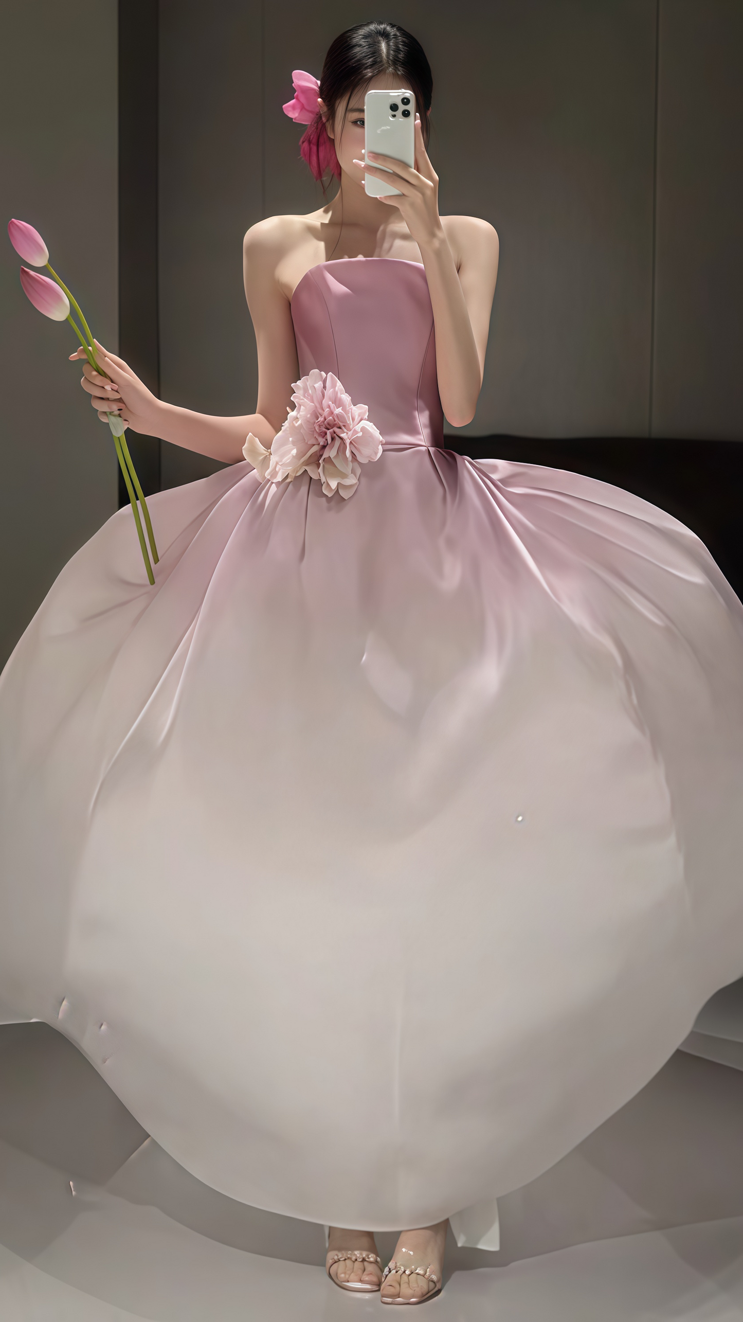 White Pink Strapless Party Dresses, Long Prom Dress With Sweep Train, LTP3562