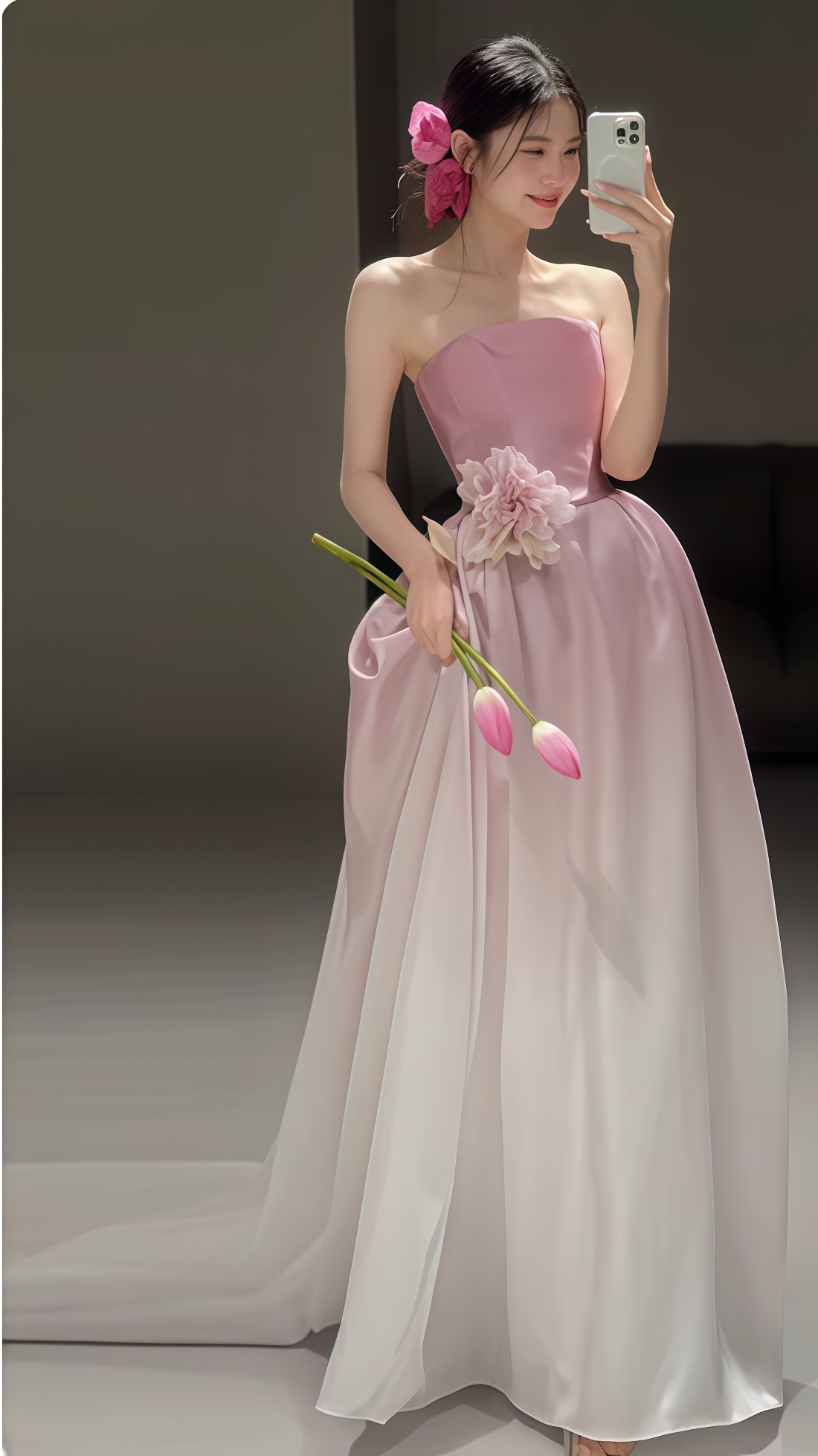 White Pink Strapless Party Dresses, Long Prom Dress With Sweep Train, LTP3562