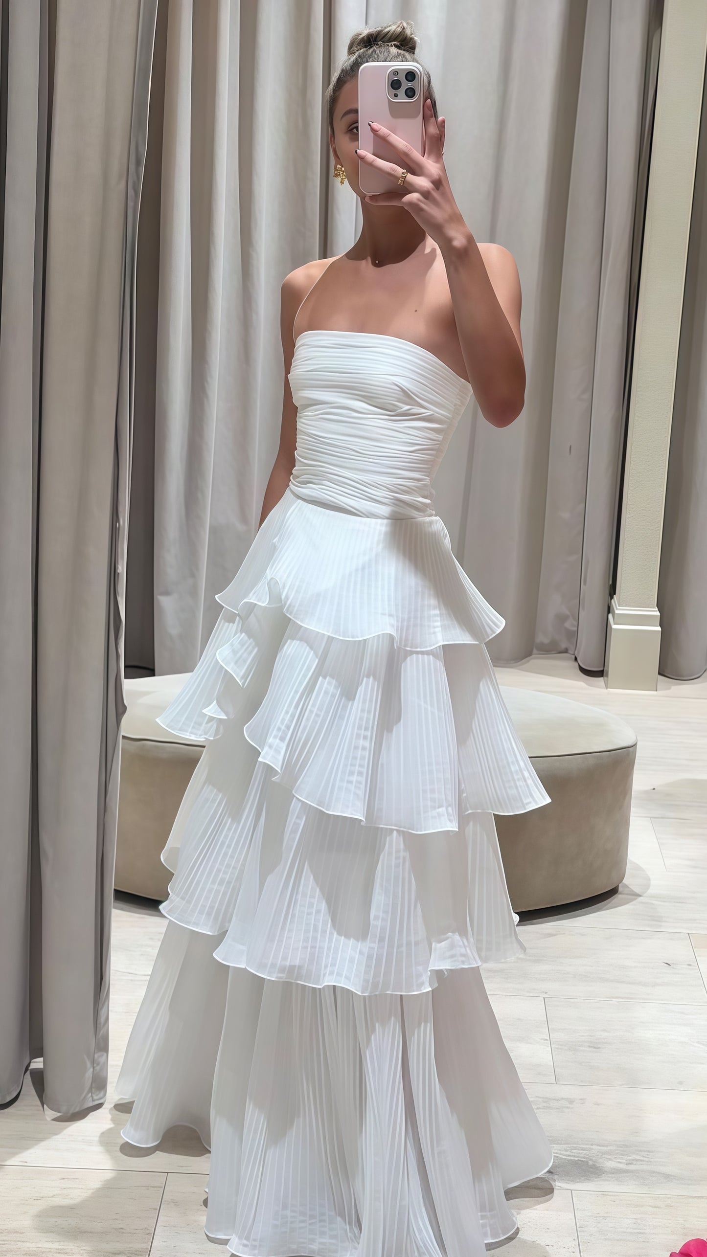 White Strapless Pleated Ruffle Prom Dress, Floor Length Wedding Reception Dress,LTP3418