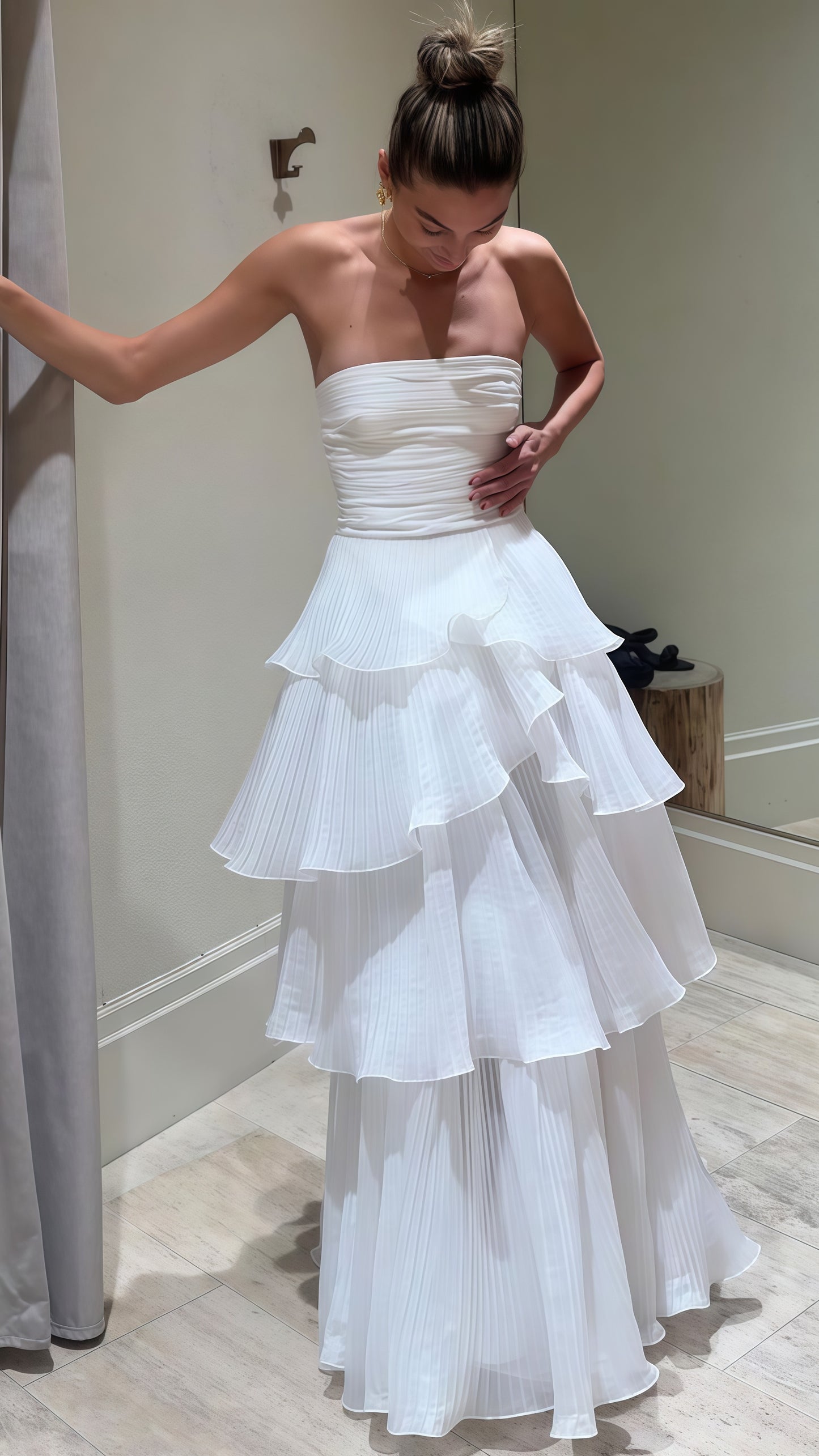 White Strapless Pleated Ruffle Prom Dress, Floor Length Wedding Reception Dress,LTP3418