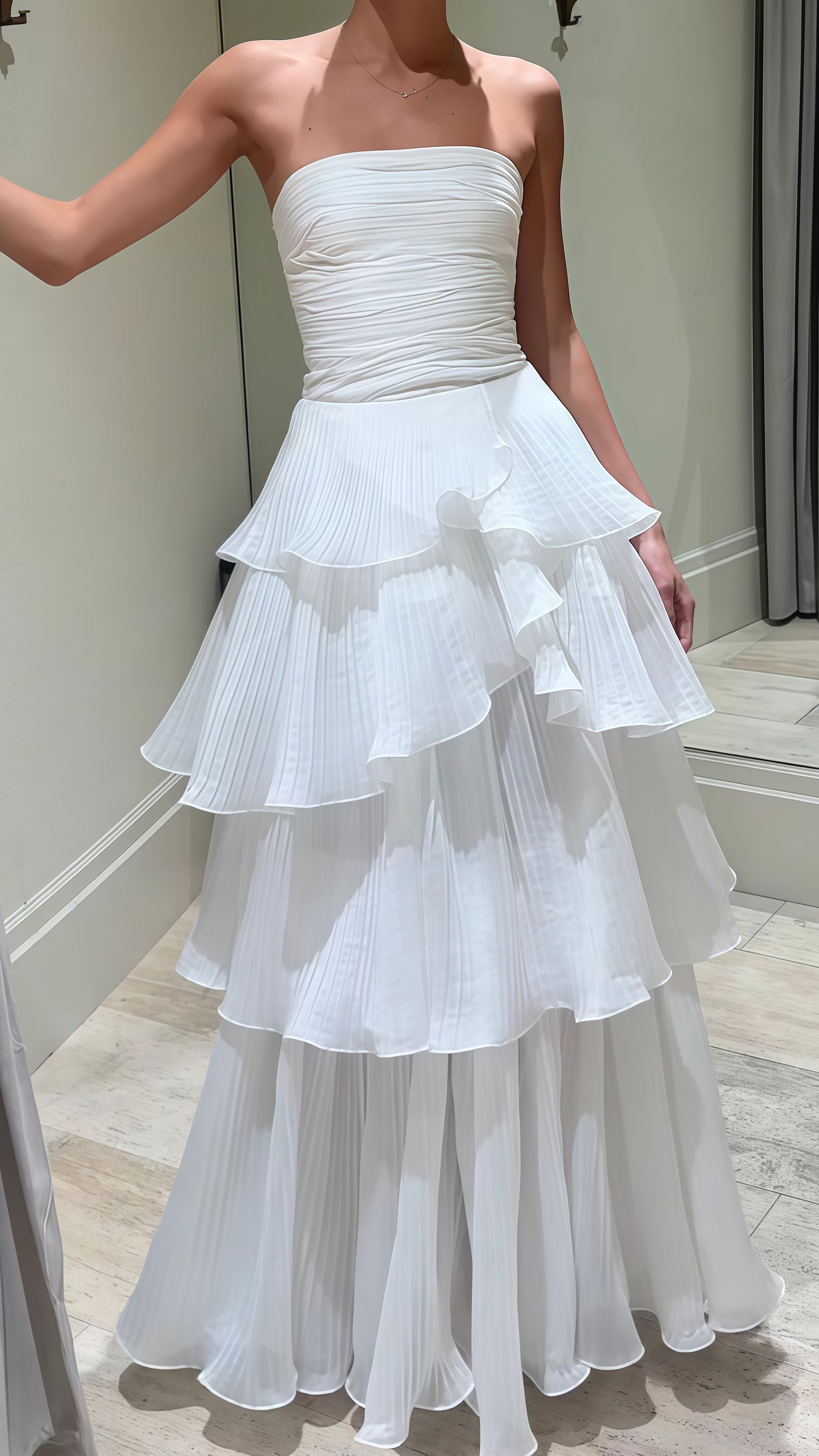White Strapless Pleated Ruffle Prom Dress, Floor Length Wedding Reception Dress,LTP3418