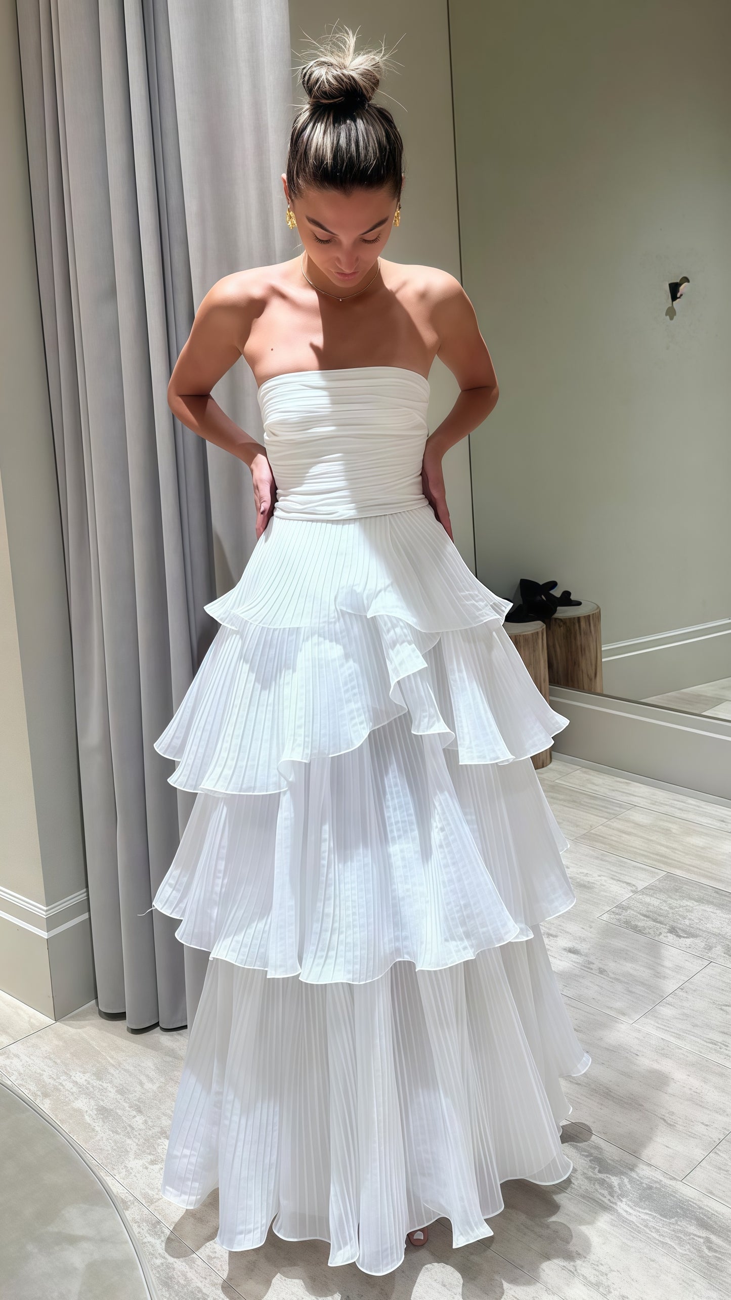 White Strapless Pleated Ruffle Prom Dress, Floor Length Wedding Reception Dress,LTP3418