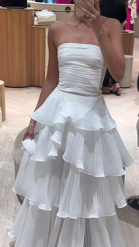 White Strapless Pleated Ruffle Prom Dress, Floor Length Wedding Reception Dress,LTP3418