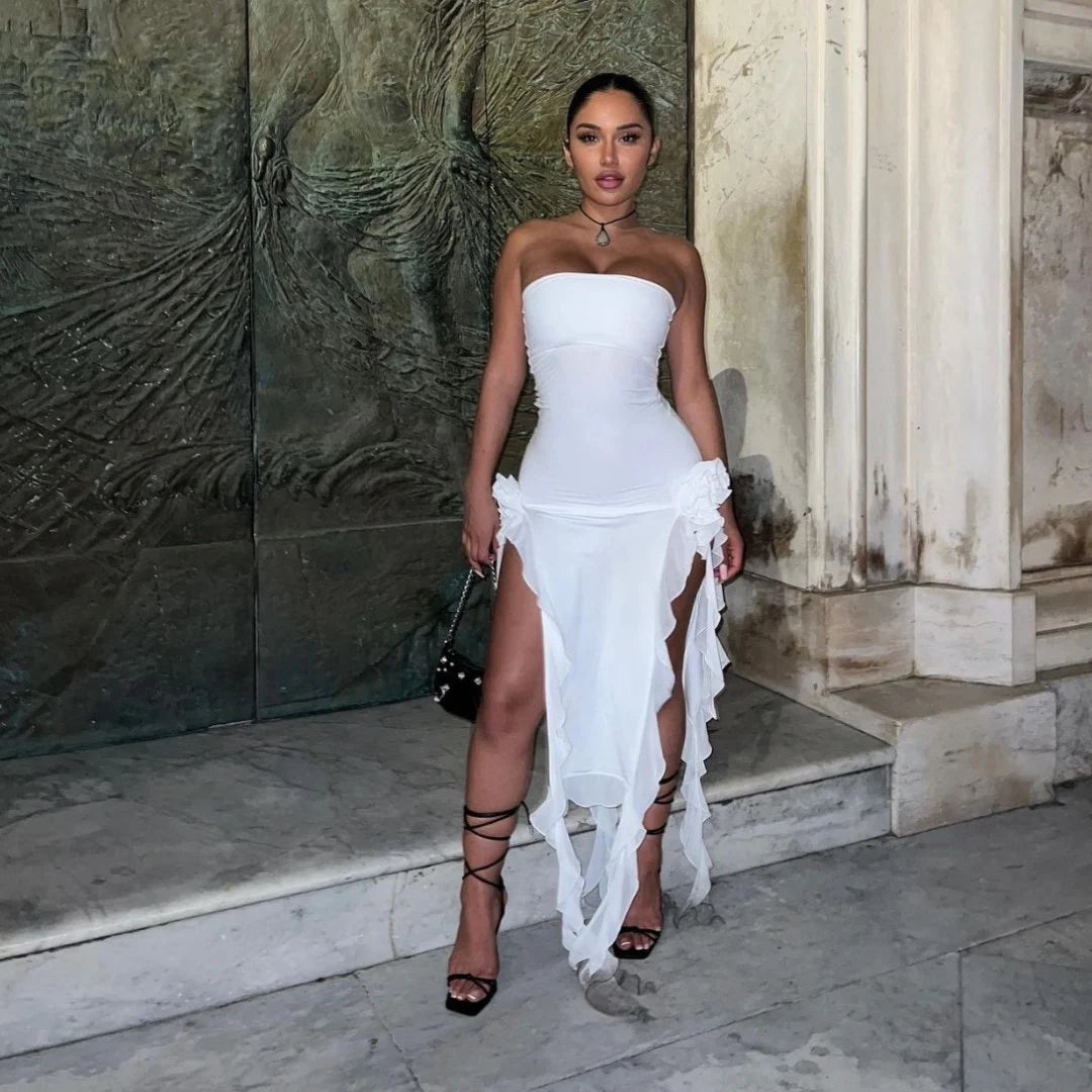 White Strapless Ruffles Chiffon Homecoming Dresses, LTP2992