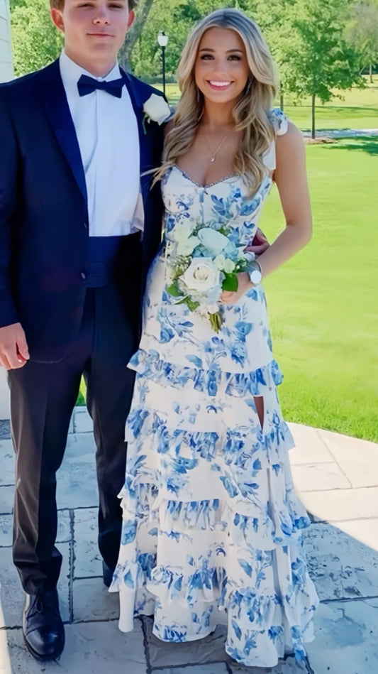 White Blue Floral A-Line Prom Dresses Long Evening Gown