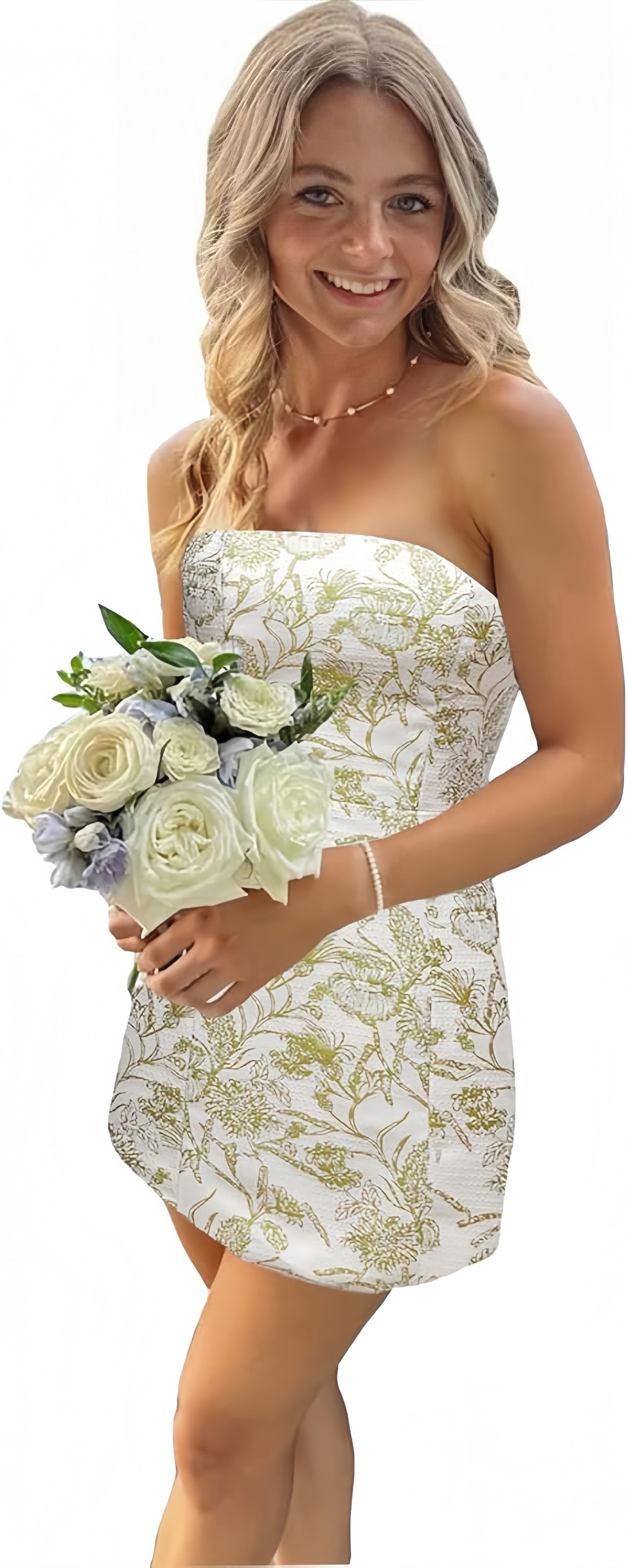 White Blue Floral Homecoming Dresses Strapless Short Prom Dresses, LTP3261
