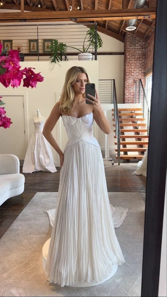 White Pleated Chiffon Long Wedding Dresses,LTP4237