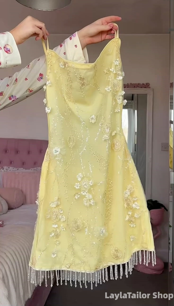 Yellow Floral Beaded Homecoming Dresses With Tassel Hem