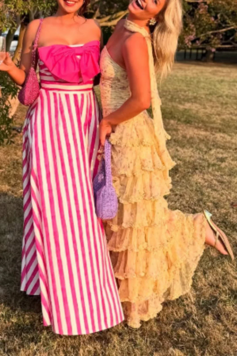 Yellow Floral Long Dots Chiffon Party Dress Wedding Guest Dress,LTP3682