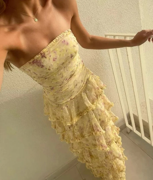 Yellow Floral Long Dots Chiffon Party Dress Wedding Guest Dress,LTP3682