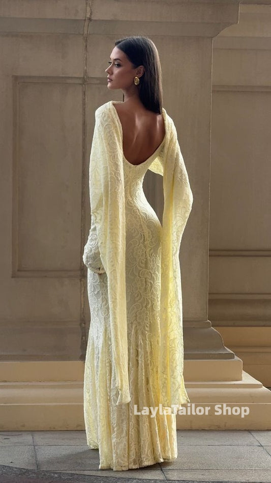 Yellow Lace Bodycon Prom Dresses Long Sleeves Mermaid Party Gown With Shawl,LTP4591