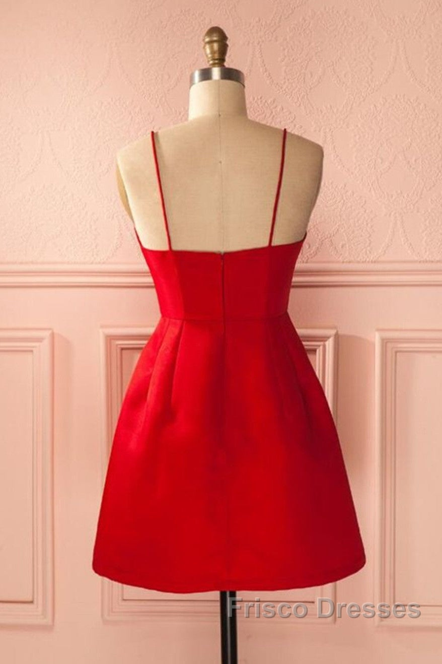 A Line Backless Short Red Formal Prom Dress, Short Red Satin Homecoming Graduation Dress, Red Formal Dress