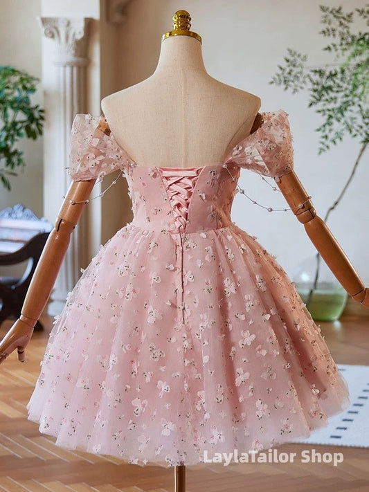 A-Line Off Shoulder Tulle Lace Pink Short Formal Prom Dress, Pink Homecoming Dress