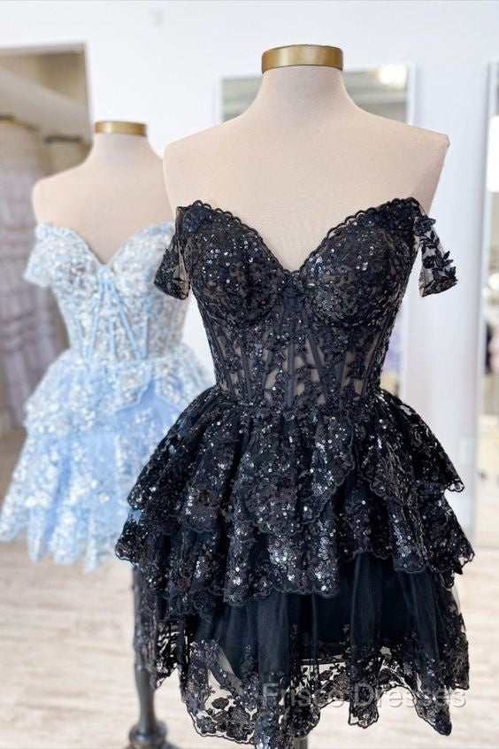 A-Line Short Black Formal Prom Dress Sheer Corset Bodice Homecoming Dress