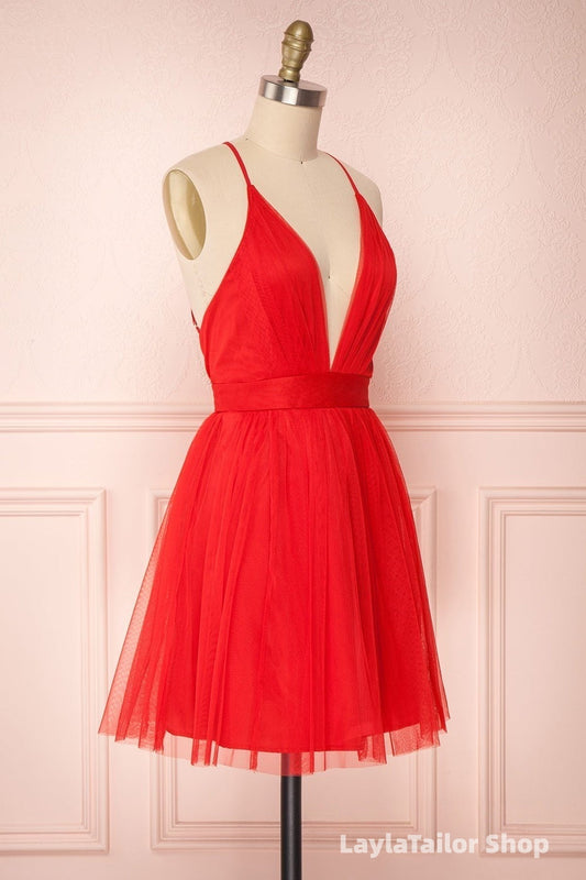A Line V Neck Short Red/Burgundy Tulle Formal Prom Dress, Short Red/Burgundy Graduation Homecoming Dress