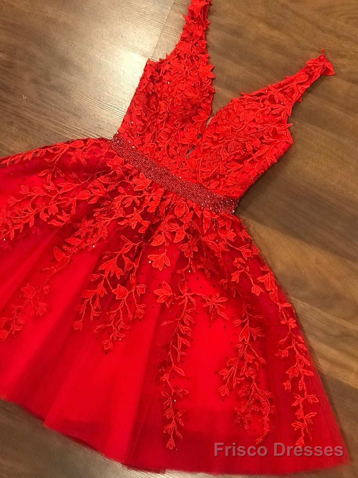 A Line V Neck Short Red Lace Prom Dresses, Short Red Lace Formal Graduation Homecoming Dresses