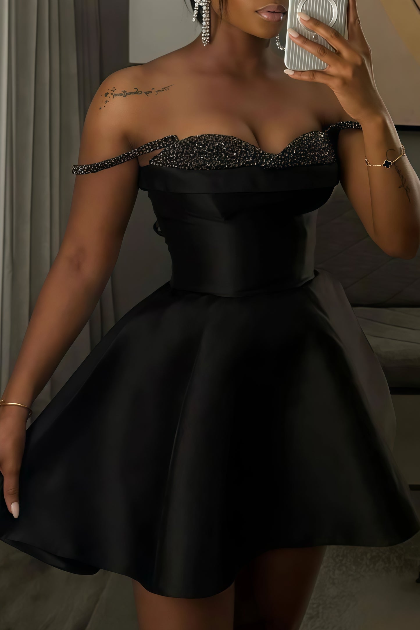 Black A-Line Homecoming Dresses, Off The Shoulder Beaded Mini Party Dress, LTP3761