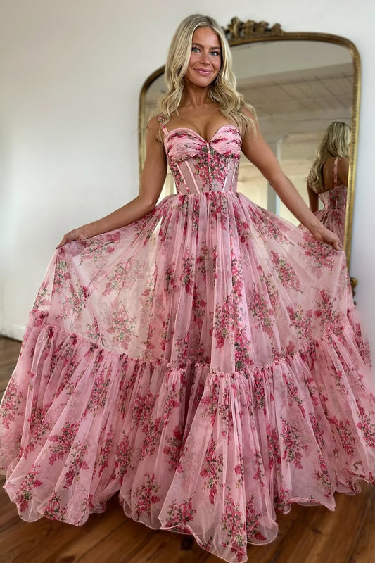 A-Line Sweetheart Pink Floral Printed Chiffon Long Prom Dresses