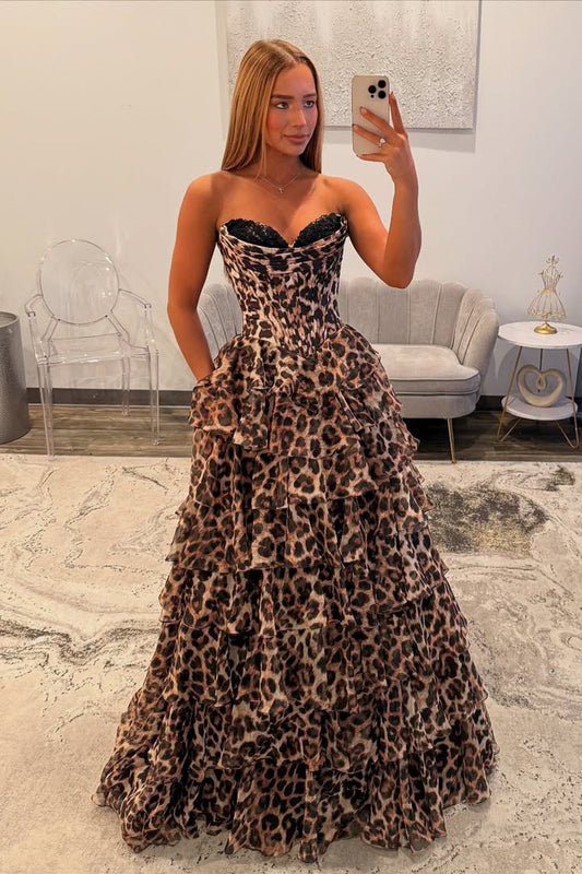 Gorgeous Sweetheart Ball Gown Leopard Print Tiered Prom Dress with Appliques
