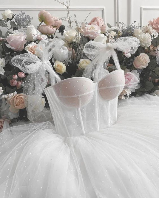 White Dots Tulle A-Line Tea Length Homecoming Prom Dresses