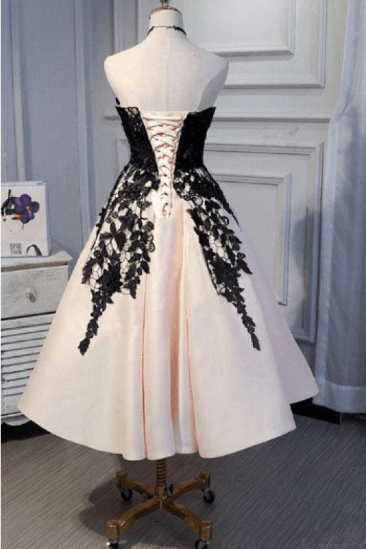 Ankle Length Strapless Prom with Black Lace A Line Princess Homecoming Dress