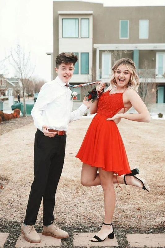 LTP1861,Charming Red Cross Back Chiffon Mini Homecoming Dresses