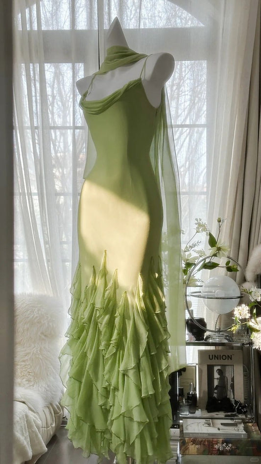 Spring Green Chiffon Ruffle Long Prom Dress,LTP4477