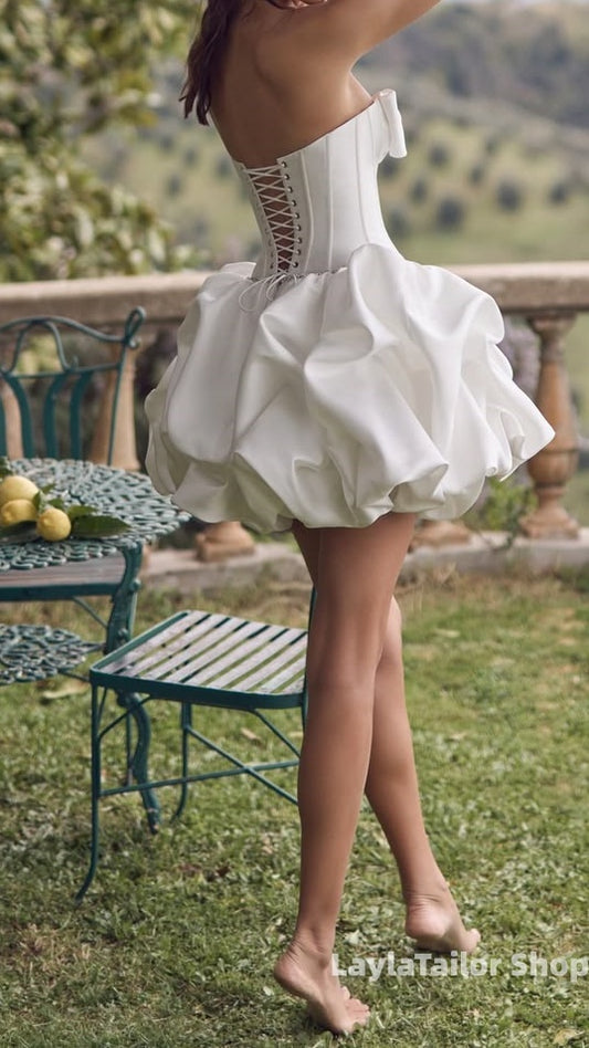 Pearl White Strapless Wedding Dresses Mini Bridal Gown With Bowknot,LTP3710