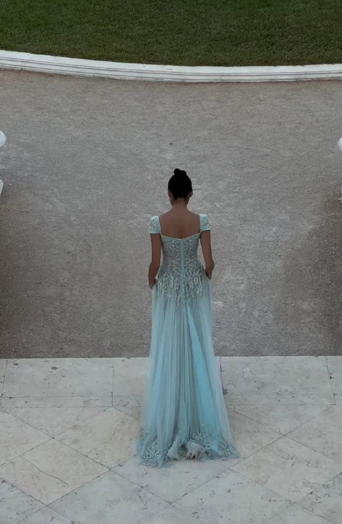 Tiffany Blue A Line Exquisite Beaded Tulle Prom Dress Wedding Guest Dress,LTP3686