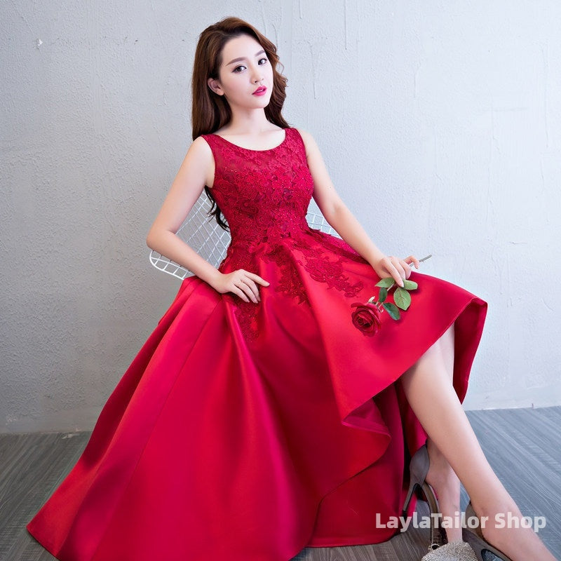 Beautiful Pink High Low Satin And Lace Homecoming Dress, Cute Short Prom Dress