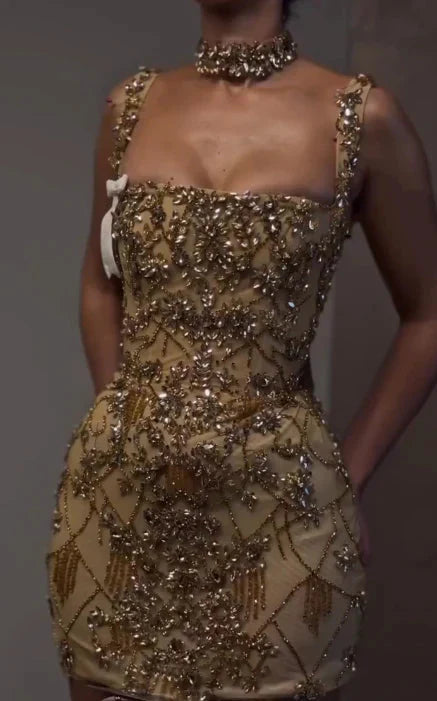 Beautiful Tight Square Neck Sleeveless Gold Short Formal 8Th Grade Homecoming Dress Summer Middle School Hoco Dress Homecoming Outfit