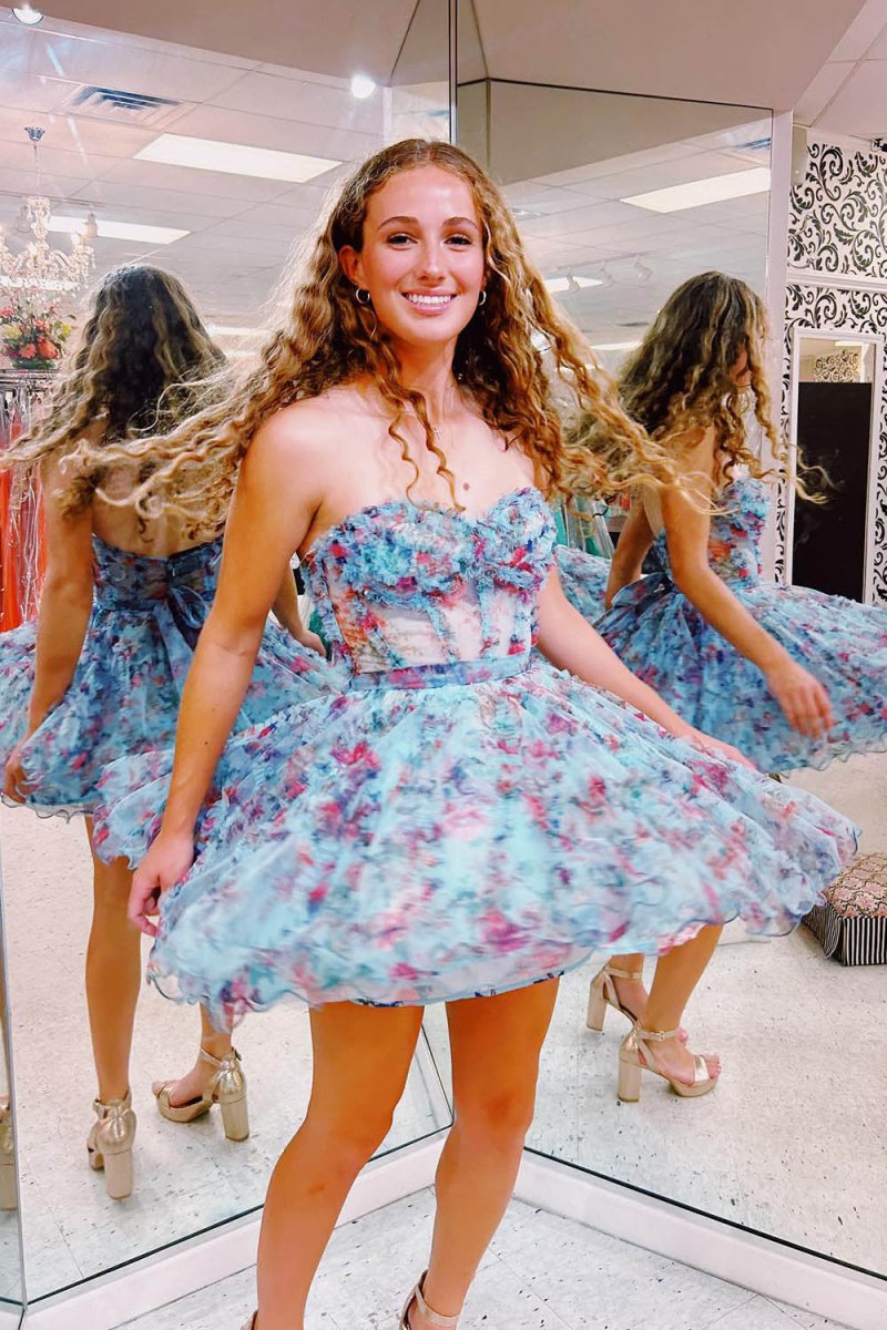 A Line Sweetheart Floral Homecoming Dress
