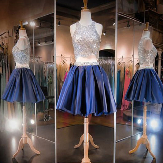 Blue sequin two pieces sparkly off shoulder sexy homecoming prom dress