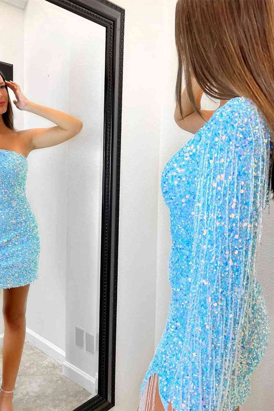 One Sleeve Sequin Tassel Homecoming Dress