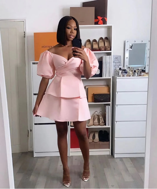 LTP1764,Pink Satin Short Homecoming Dress With Puffy Sleeves