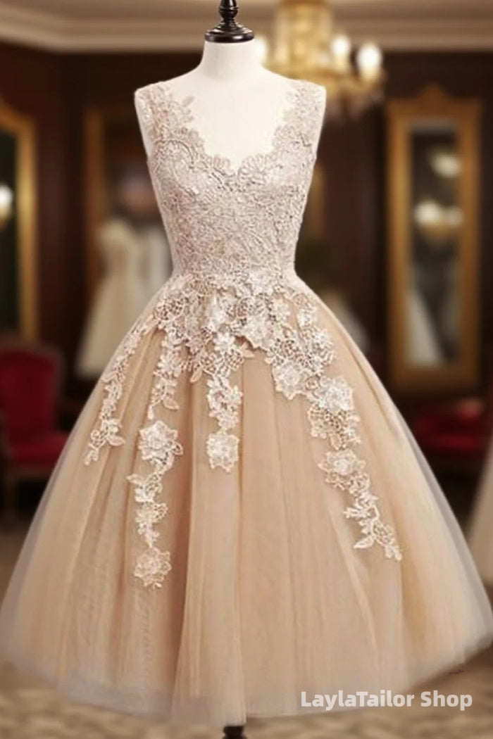 Champagne Tulle Lace Short Formal Prom Dress, Cute Homecoming Dress