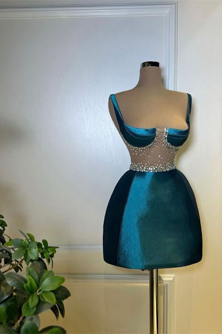 Classy Ink Blue Straps Satin Mini Homecoming Dresses Sleeveless Prom Dress With Beads – Laylatailor Shop