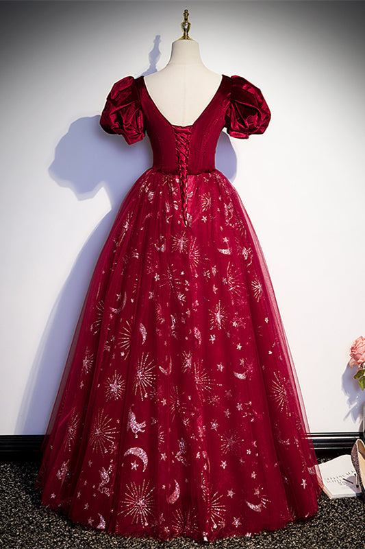 Wine Red Velvet and Tulle Short Sleeves Princess Dress