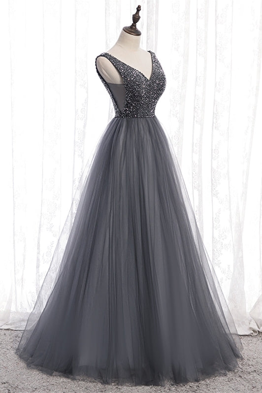 A-line Beaded Grey Tulle Long Party Dress
