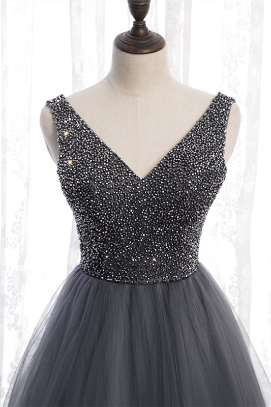 A-line Beaded Grey Tulle Long Party Dress