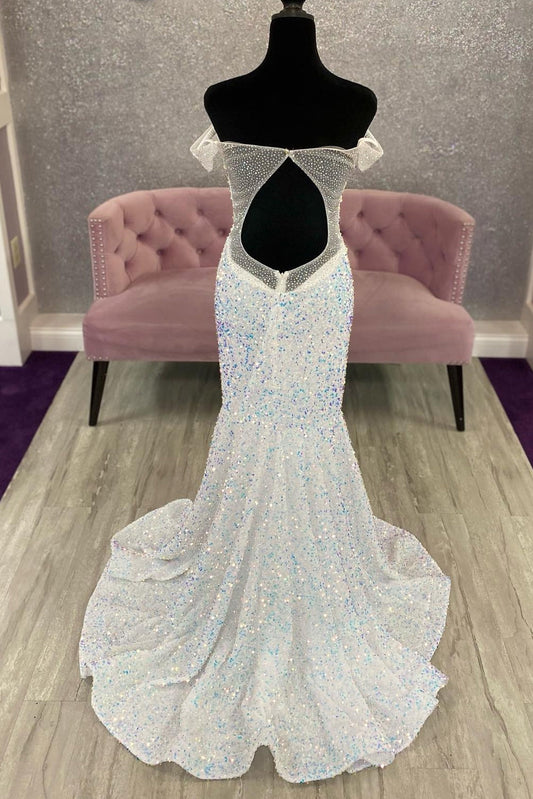 White Sequin Off the Shoulder Mermaid Long Formal Dress
